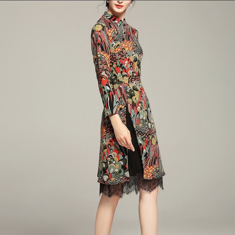 Green A-Line Floral Long Sleeve Paneled Midi Dress